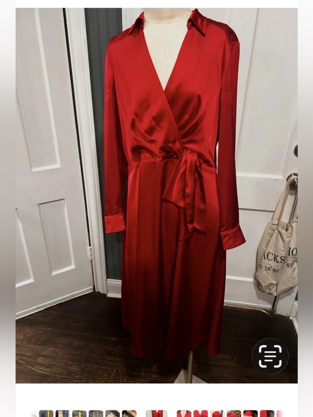 Women’s Ralph Lauren Red Diamin Charmeuse V Neck Tie Waist High Slit Dress Sz 12
